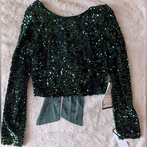 Alex & Sophia Juniors' Women's Green Sequins Long Sleeve Tie-Back Top Size M